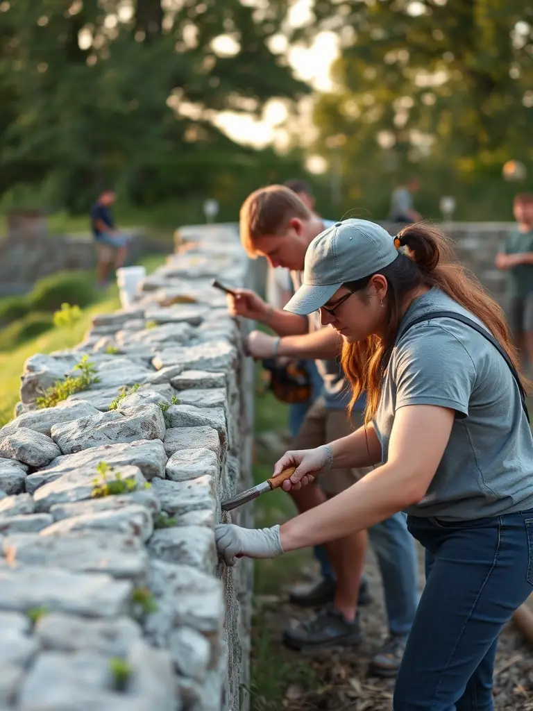 A photograph showing volunteers working on the restoration of a section of the Château de Boulbon's walls, using traditional building techniques.
