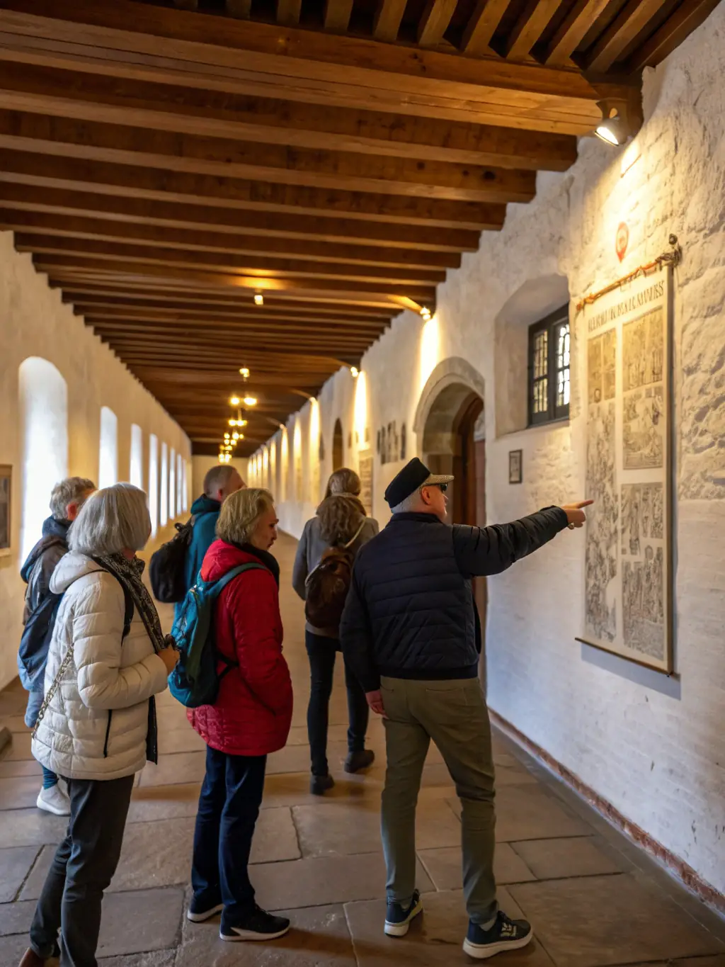 A photograph of a guided tour group exploring the Château de Boulbon, with a knowledgeable guide pointing out historical features and sharing stories.