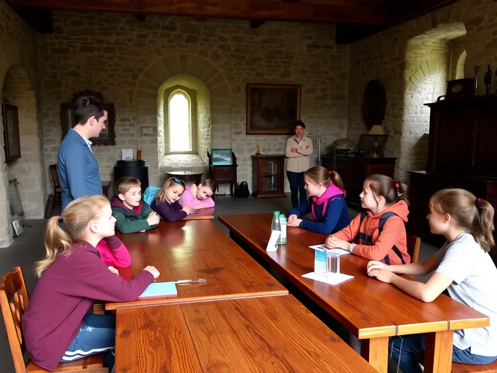 A group of children participating in an educational workshop at the Château de Boulbon, learning about the history and architecture of the castle.